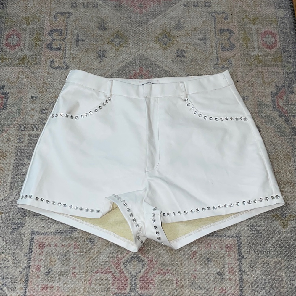 super down white faux leather shorts